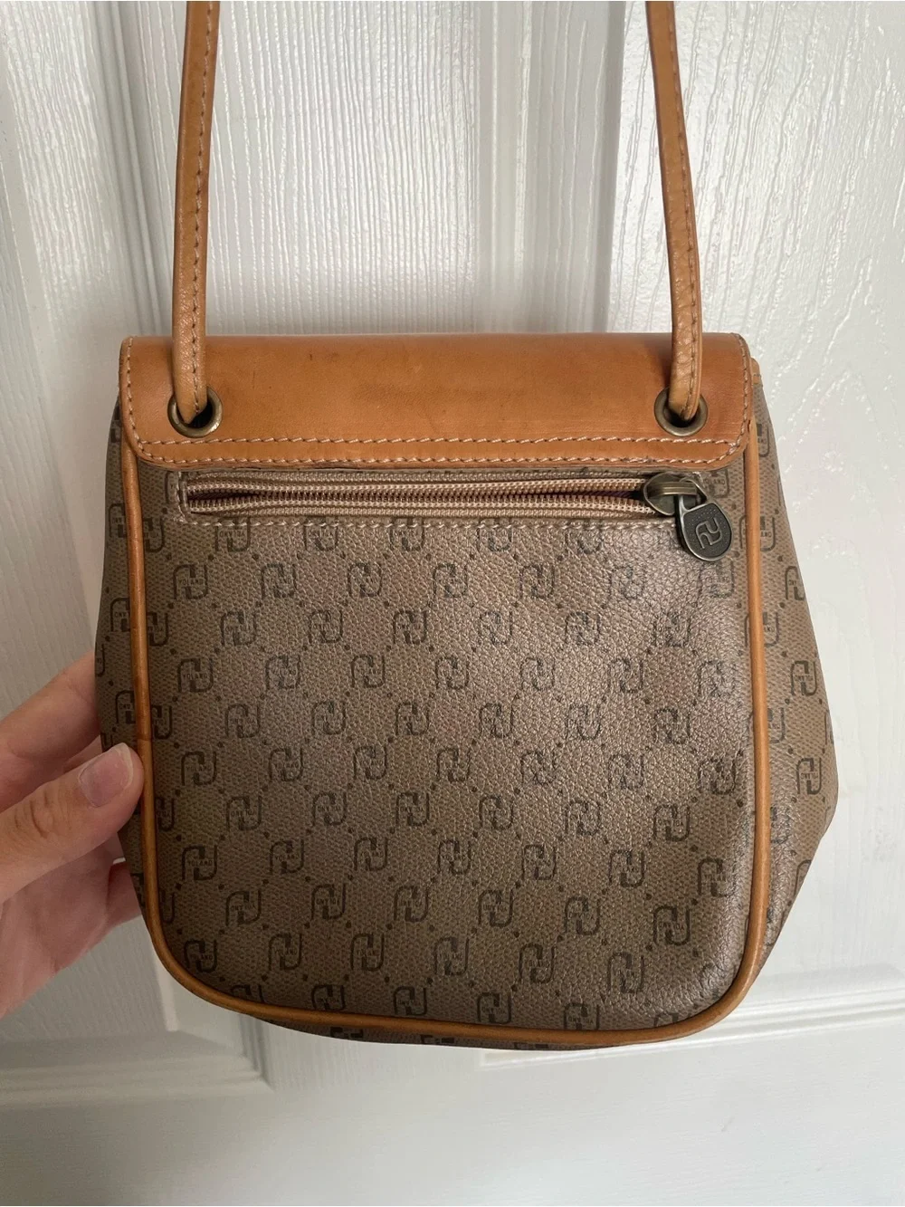 Vintage Yoland Brown/Tan Monogram Crossbody Shoulder Bag 8x2x6 inches